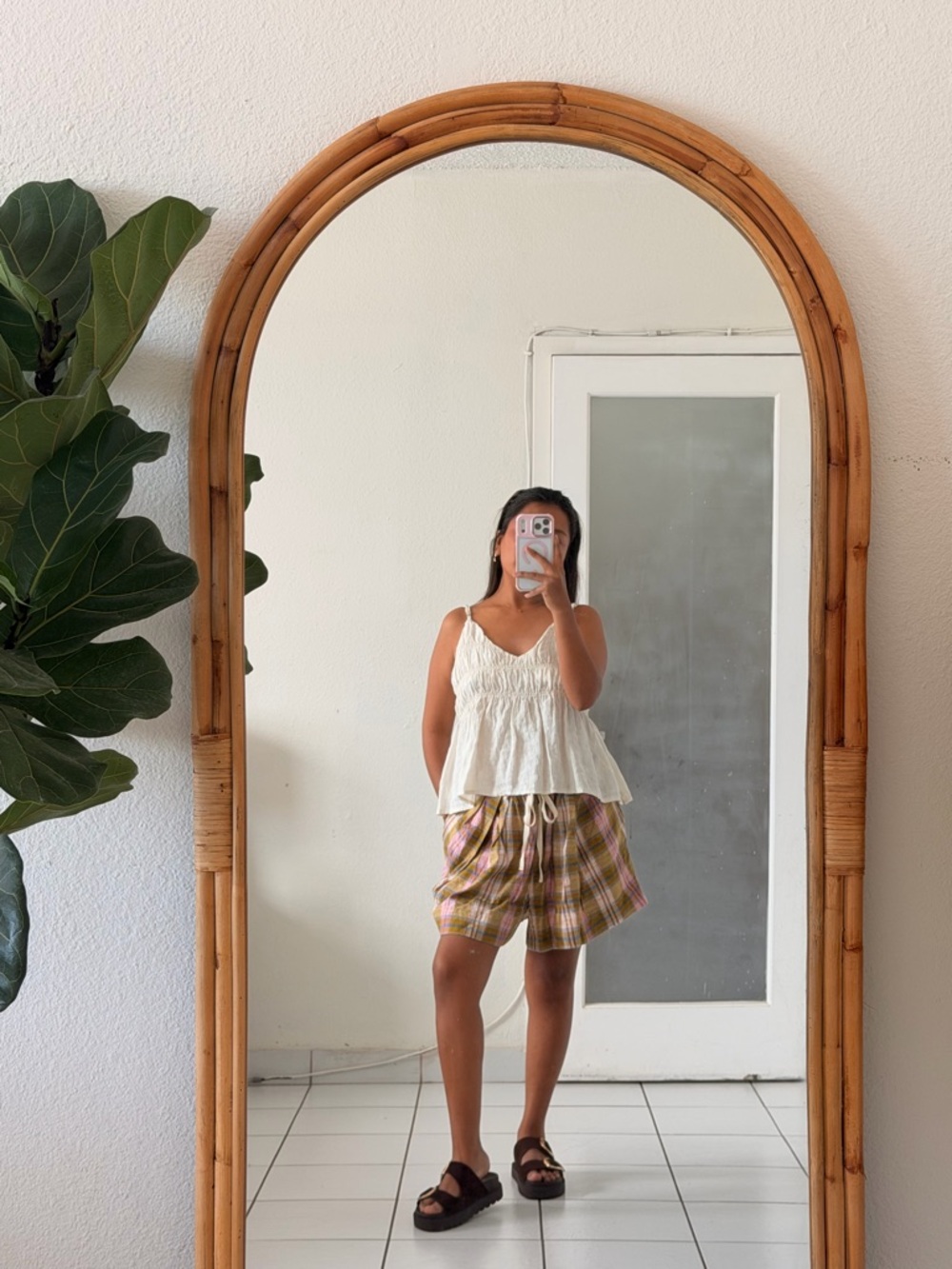 Free People Plaid Drawstring Bermuda Shorts in Pink & Green